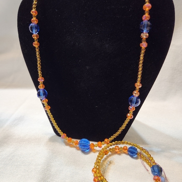 Hand Crafted Vibrant Beaded Crystal Necklace and Bracelet Set Blue Orange Yellow - Picture 1 of 8